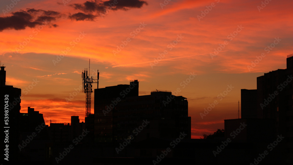 city skyline at red sunset in Florianópolis, Brazil