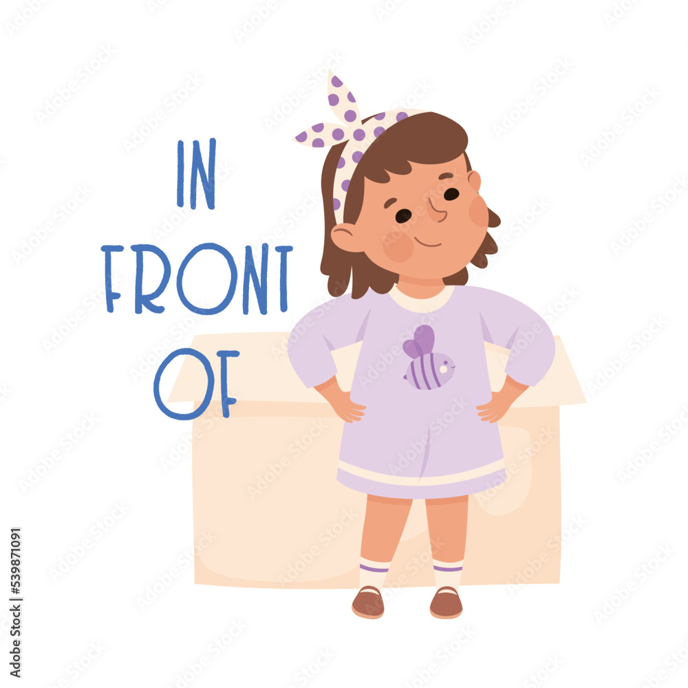 Little Girl Standing In Front of Cardboard Box as Preposition Demonstration Vector Illustration