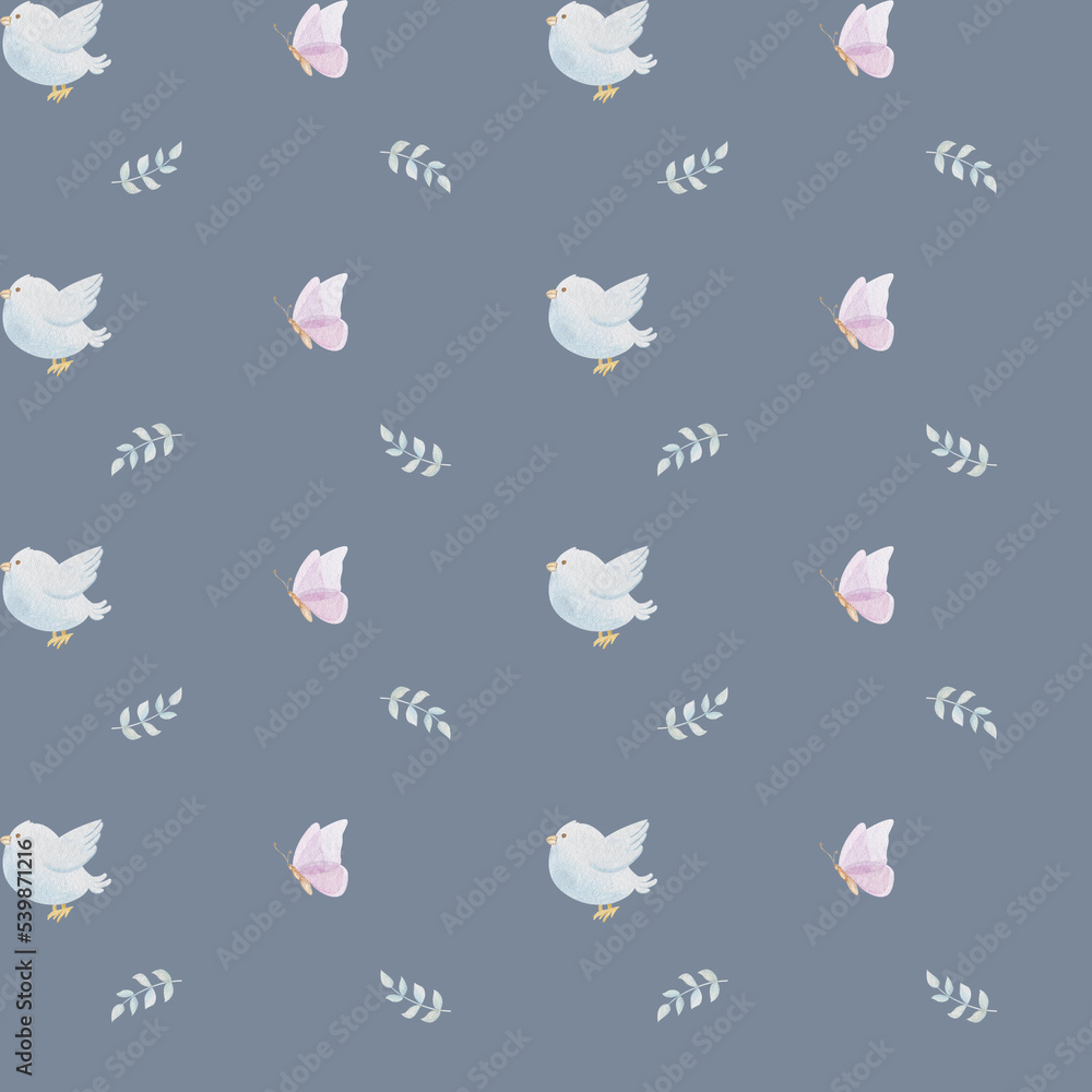 Watercolor seamless pattern with hand drawn bird, butterfly, greenery on blue background. Cute design for wrappings, textile and backgrounds. Watercolor seamless pattern with hand drawn bird, butterfly, greenery on blue background. Cute design for wrappings, textile and backgrounds.