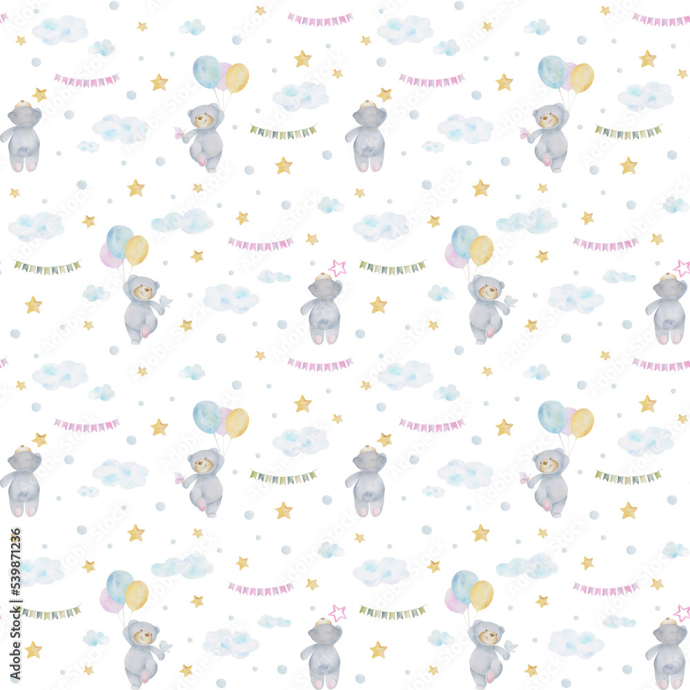 Watercolor seamless pattern with hand drawn bear, air ballon, clouds, stars, flags on white background. Cute design for wrappings, textile and backgrounds.