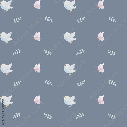 Watercolor seamless pattern with hand drawn bird, butterfly, greenery on blue background. Cute design for wrappings, textile and backgrounds.