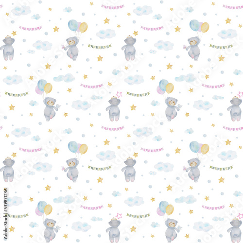 Watercolor seamless pattern with hand drawn bear, air ballon, clouds, stars, flags on white background. Cute design for wrappings, textile and backgrounds.