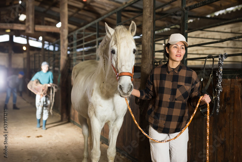 Fotografie Positive Asian female stable worker leading white horse by bridle in barn