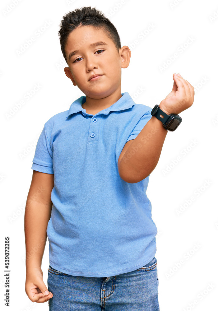 Little boy hispanic kid wearing casual clothes doing italian gesture with hand and fingers confident expression Little boy hispanic kid wearing casual clothes doing italian gesture with hand and fingers confident expression