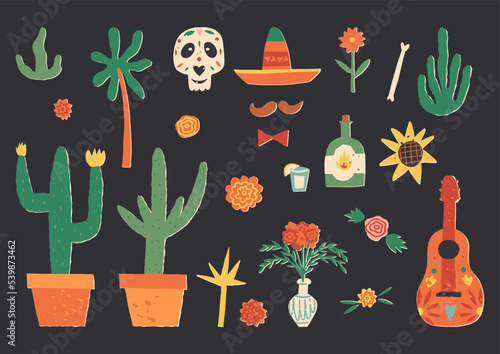 Dia De Los Muertos or Day of the Dead doodle clipart set. Guitar, cactus in pot, marigold, sugar skulls, altar or shrine