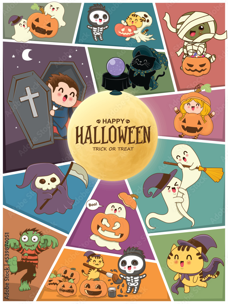 Naklejka premium Vintage Halloween poster design with vector vampire, mummy, reaper, jack o lantern, reaper character. 