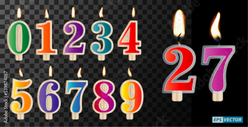 realistic of birthday cake candle or burning flames candles with various color. eps vector