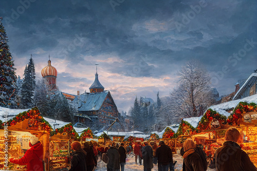 christmas in the village illustration  © Wakingdream