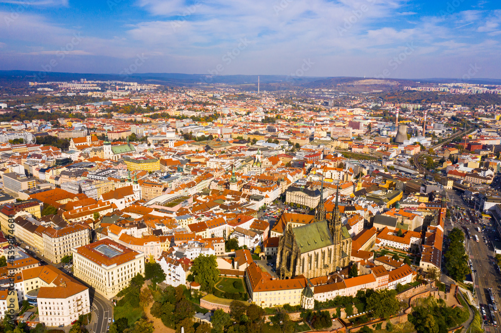 Fototapeta premium Aerial view of center of Czech town of Brno on autumn day overlooking Cathedral of Saints Peter and Paul on Petrov hill