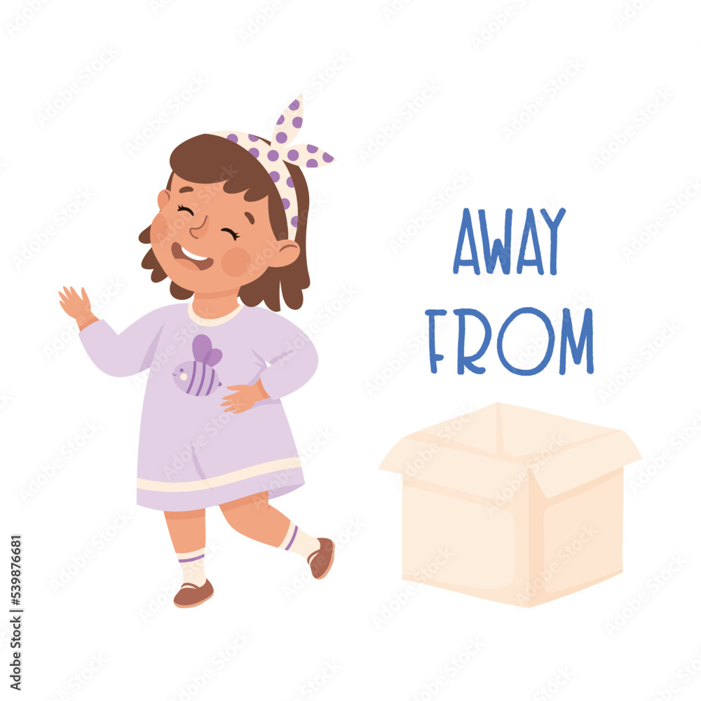 Little Girl Running Away From Cardboard Box as Preposition Demonstration Vector Illustration