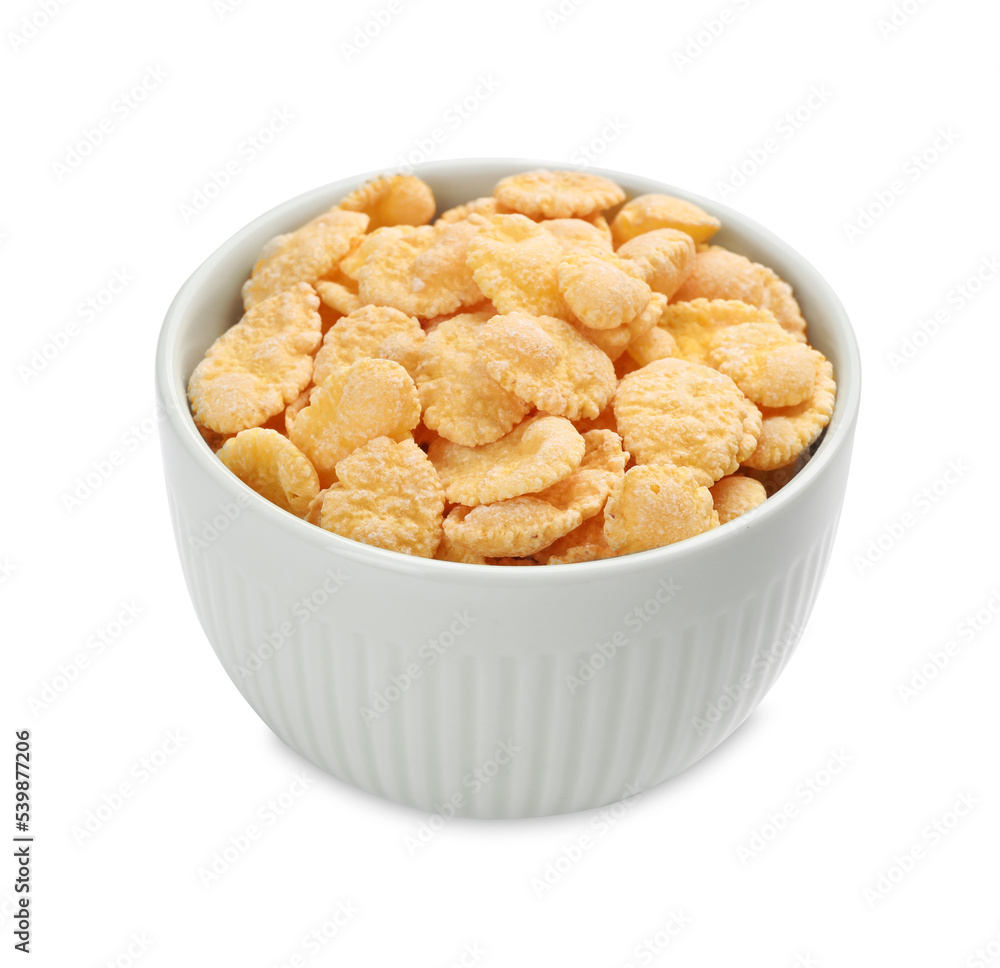 Bowl of tasty corn flakes isolated on white Bowl of tasty corn flakes isolated on white