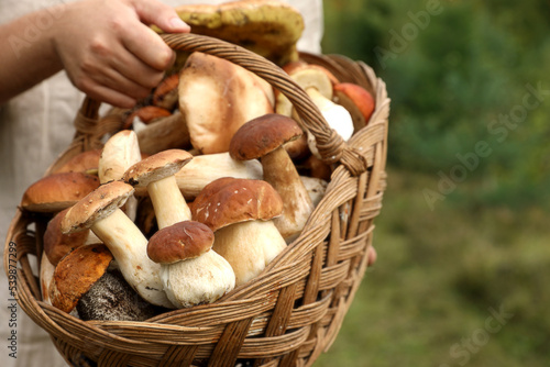 Man holding wicker basket with fresh wild mushrooms outdoors, space for text