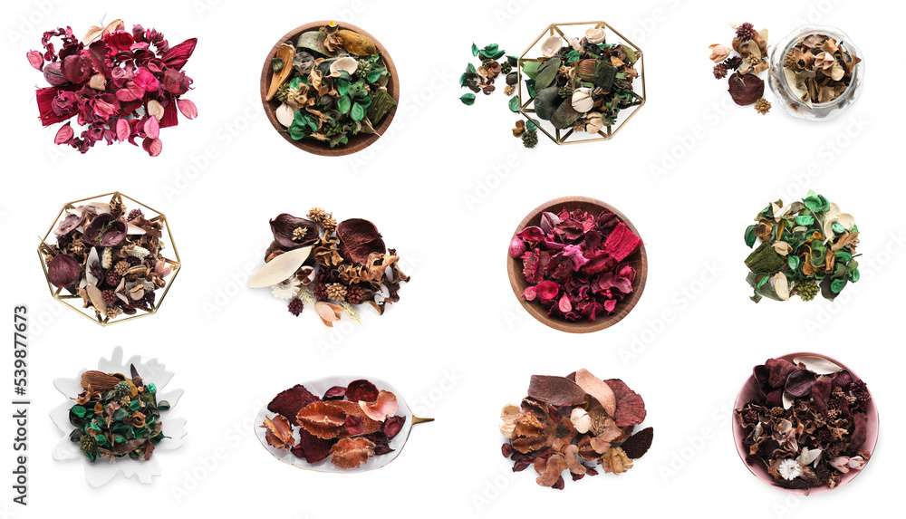 Set with scented potpourri on white background, top view Set with scented potpourri on white background, top view