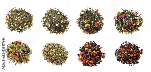 Set with aromatic herbal tea on white background, top view. Banner design