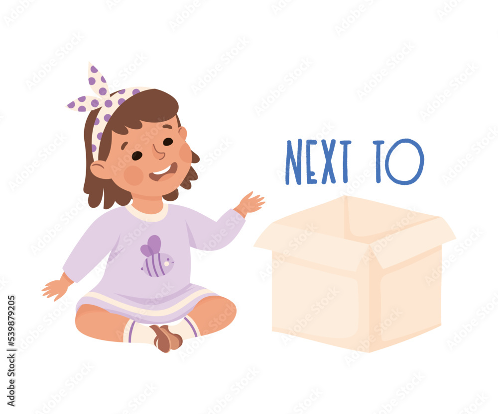 Little Girl Sitting Next to Cardboard Box as Preposition Demonstration Vector Illustration Little Girl Sitting Next to Cardboard Box as Preposition Demonstration Vector Illustration