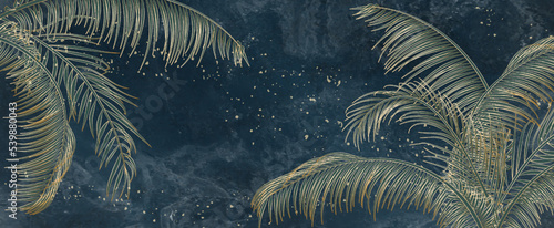 Abstract luxury watercolor background with tropical palm leaves in gold line art style. Botanical banner with exotic plants for wallpaper, print, textile, interior design