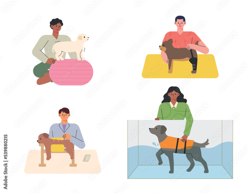 Fototapeta premium Rehabilitation therapy for dogs. Dogs undergoing water physiotherapy, acupuncture therapy, physiotherapy. flat vector illustration.