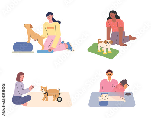 Rehabilitation therapy for dogs. Dogs receiving walking aids, physiotherapy and infrared therapy. flat vector illustration.