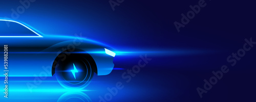 Fast electric car concept vector illustration. Blue neon glowing EV vehicle front part on a dark blue background. Futuristic sports car design with voltage symbol on the wheel.