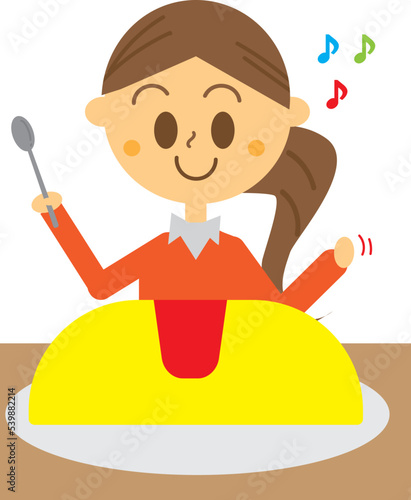 大盛りオムライスの大食いチャレンジをする大食いの女性。食事・チャレンジャー