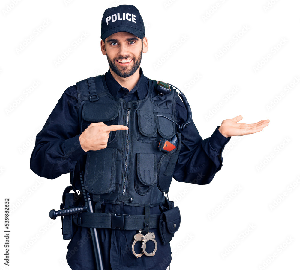 Young handsome man with beard wearing police uniform amazed and smiling to the camera while presenting with hand and pointing with finger. Young handsome man with beard wearing police uniform amazed and smiling to the camera while presenting with hand and pointing with finger.