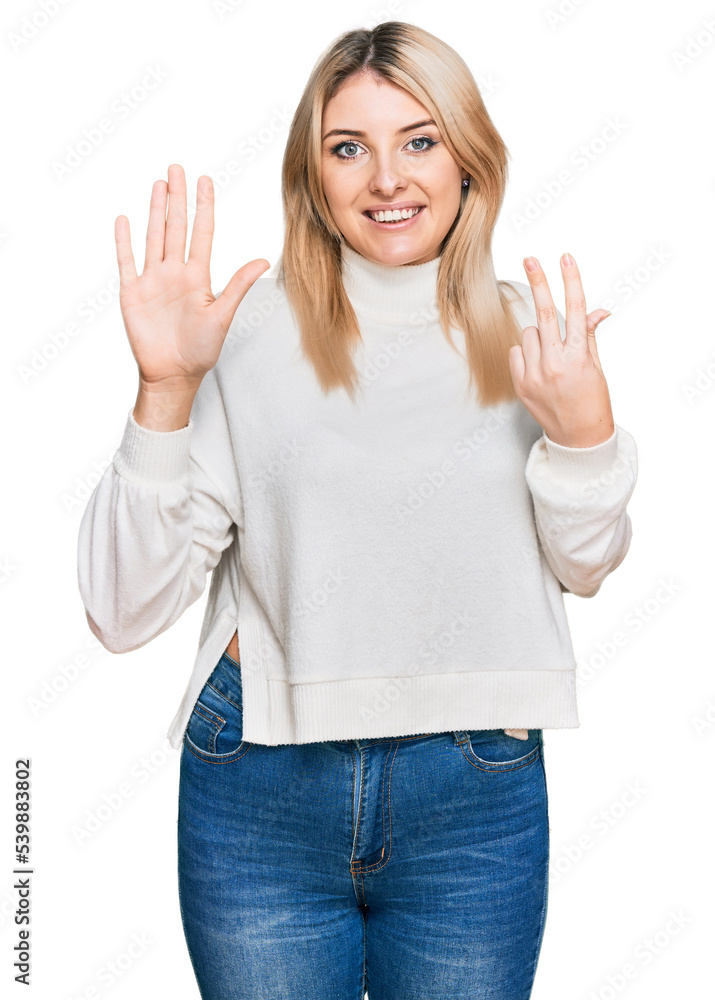 Young caucasian woman wearing casual winter sweater showing and pointing up with fingers number eight while smiling confident and happy. Young caucasian woman wearing casual winter sweater showing and pointing up with fingers number eight while smiling confident and happy.