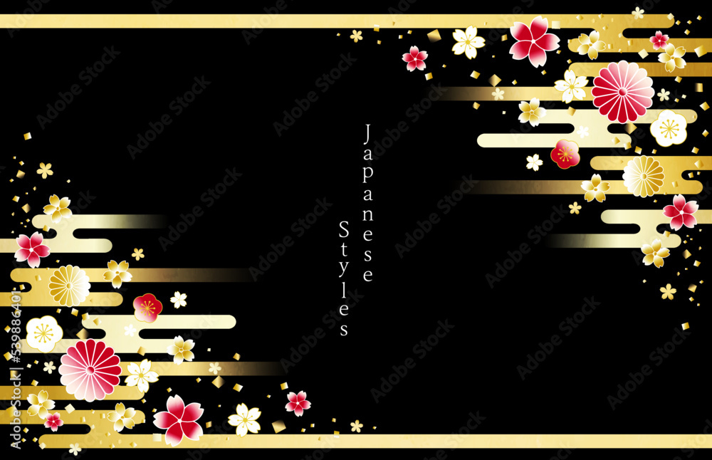 豪華な古典柄 霞と和花のフレーム 和柄のデザイン背景 イラスト素材 Stock ベクター | Adobe Stock