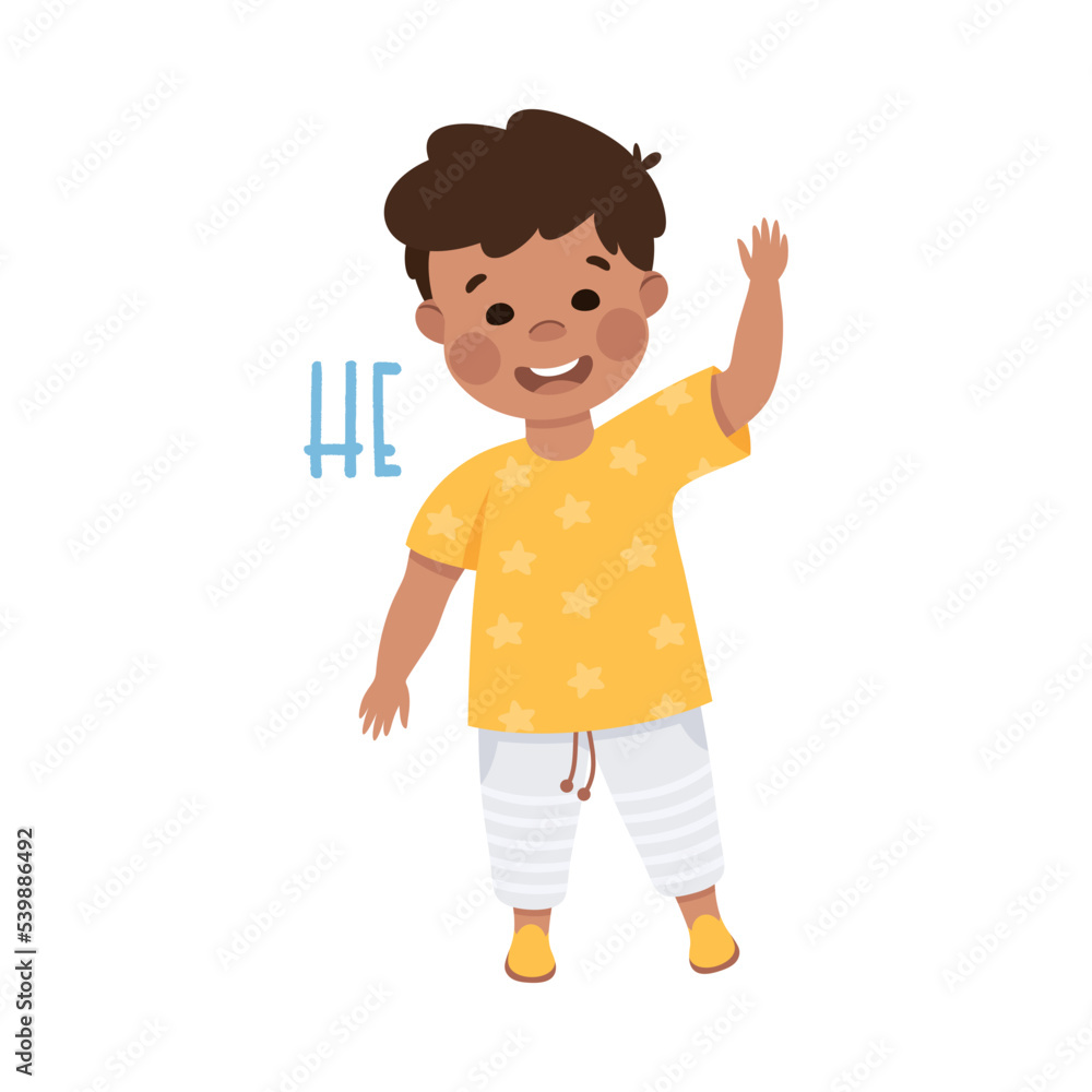 English Subject Pronoun with Funny Boy Demonstrating He Word Vector Illustration English Subject Pronoun with Funny Boy Demonstrating He Word Vector Illustration