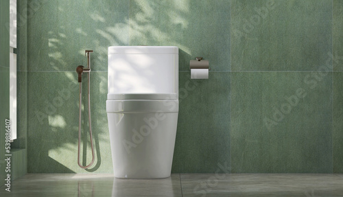 Modern design white ceramic toilet with lid closed, bidet sprayer and tissue paper holder in luxury green tile wall bathroom with sunlight and leaf shadow from window for toiletries product display photo