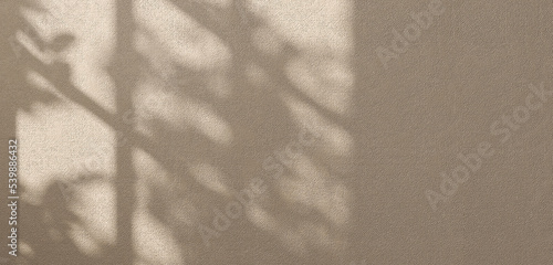 Sunlight from window cast beautiful foliage tropical leaf shadow pattern on empty brown concrete wall for tropical nature, sustainability, environmental friendly concept product display background