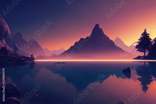 sunset in the mountains and lake