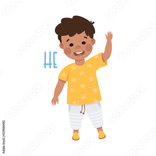 English Subject Pronoun with Funny Boy Demonstrating He Word Vector Illustration