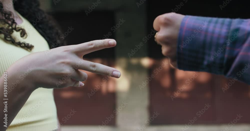 Four friends meet at a housing estate for dance training. The girls play paper rock and scissors by drawing music, duets in which they will compete at the competition. Four friends meet at a housing estate for dance training. The girls play paper rock and scissors by drawing music, duets in which they will compete at the competition.