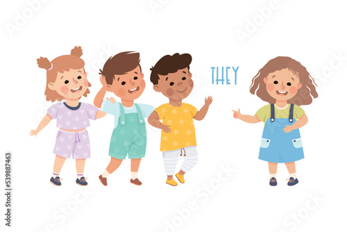 English Subject Pronoun with Funny Boy and Girl Demonstrating They Word Vector Illustration