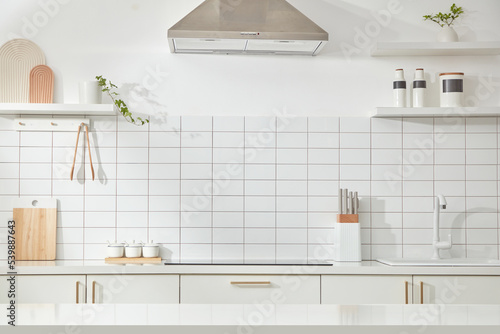 Modern kitchen with white ceramic wall background and contemporary Interior   green plant. Ideas home decoration. 