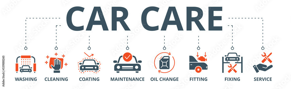 Car care banner web icon vector illustration concept with icon of washing, cleaning, coating, maintenance, oil change, fitting, fixing and service Car care banner web icon vector illustration concept with icon of washing, cleaning, coating, maintenance, oil change, fitting, fixing and service