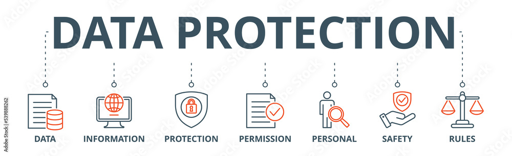 Data protection banner web icon vector illustration concept with icon of data, information, protection, permission, personal, safety and rules Data protection banner web icon vector illustration concept with icon of data, information, protection, permission, personal, safety and rules