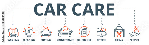 Car care banner web icon vector illustration concept with icon of washing, cleaning, coating, maintenance, oil change, fitting, fixing and service