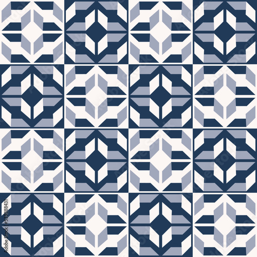 Abstract geometric seamless pattern. Vector blue-white geometric seamless checkered pattern style. Ethnic geometric blue color pattern background for interior decoration elements, wrapping.