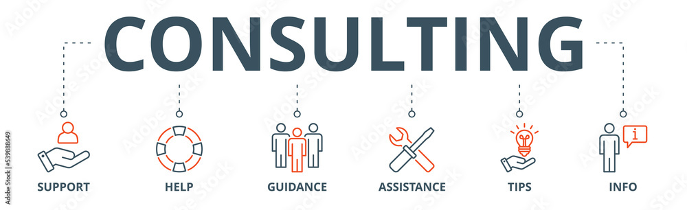 Consulting banner web icon vector illustration concept with icon of support, help, guidance, assistance, tips and info Consulting banner web icon vector illustration concept with icon of support, help, guidance, assistance, tips and info