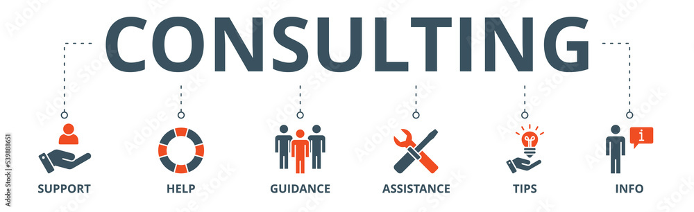 Consulting banner web icon vector illustration concept with icon of support, help, guidance, assistance, tips and info Consulting banner web icon vector illustration concept with icon of support, help, guidance, assistance, tips and info