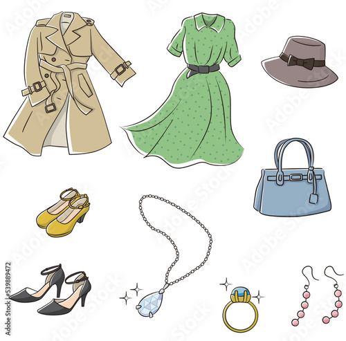 女性の衣服や持ち物のシンプルイラスト