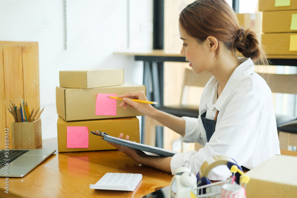 Female entrepreneur checking order preparing for delivery. Female entrepreneur checking order preparing for delivery.