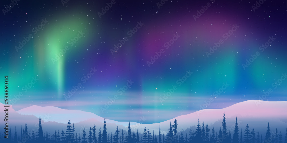 Fantasy on the theme of the northern landscape. Dusk and polar lights. Forest and sunset light. Vector illustration.
