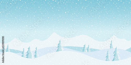 Winter landscape, cartoon nature, mountains with forest and falling snow