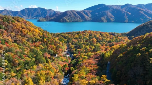 autumn at lake Chuzenji in Japan, aerial view of famous Japanese travel destination in Nikko national park, flying above autumn forest near blue lake photo