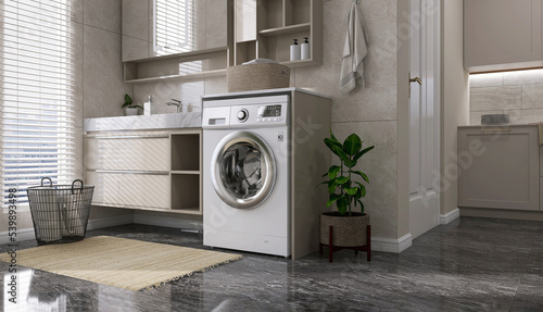 Modern interior design of laundry room with beige counter, cabinet, washing machine on black granite tile floor and houseplant in sunlight from window blinds for household product display background