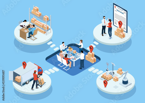 3D isometric Logistics Supply Chain Management and Delivery concept with description of Fleet management, Warehousing, Delivery home and office, Inventory Demand planning. Vector illustration eps10