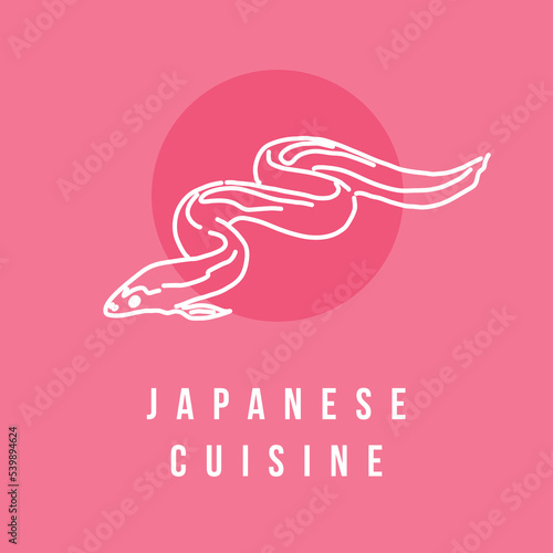 Logo template with image of eel drawn by hand drawn lines. Emblem for the menu of fish restaurants, markets and shops. Vector illustration