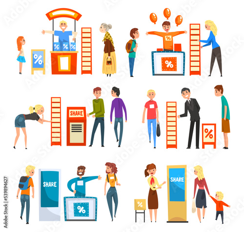 Promoters Advertising Products or Services to Walking People at Trade Show Big Vector Set